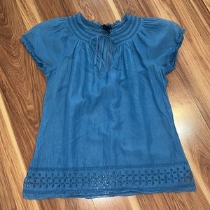 Short Sleeve Blouse With Ruffle & Lace Trim